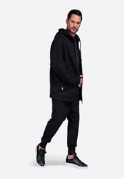 Model wearing black Falcon Edition cotton sweatshirt by East Vibe